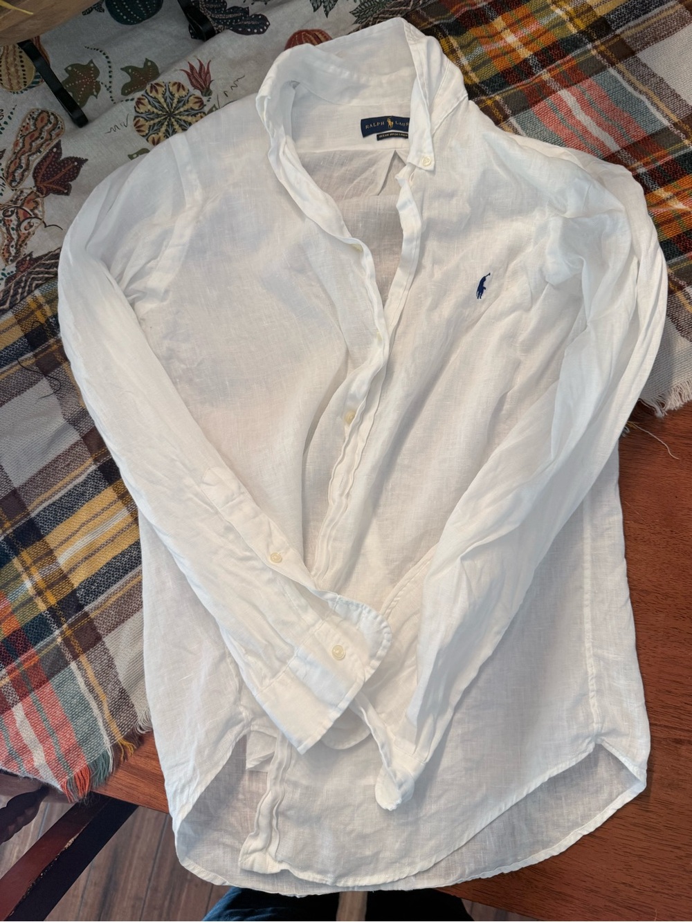 Ralph Lauren White Linen Button-Down Shirt with Navy Pony Embroidery